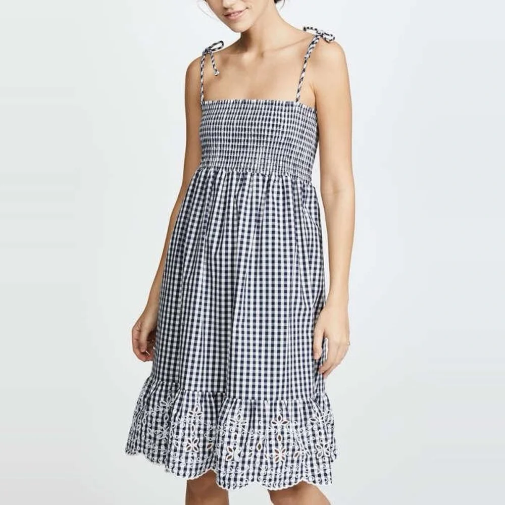 Tory Burch Navy and White Gingham Smocked Midi Dress